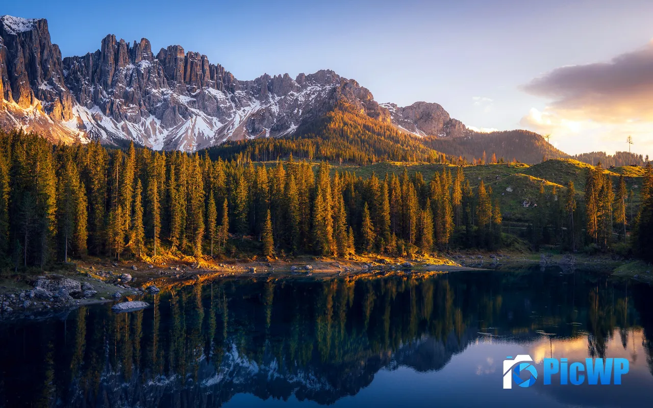 Carezza Lake Sunset Bolzano South Tyrol Italy 5K PC Wallpaper