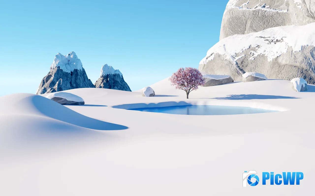 Snowy Landscape Solitary Blossom Tree Illustration Design 5K PC Wallpaper