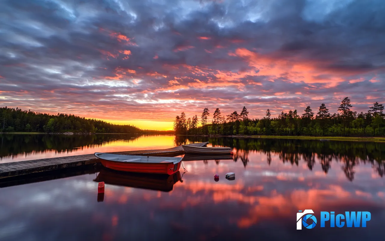Majestic Lake Sunset Nature Scene Boat Reflection 5K PC Wallpaper