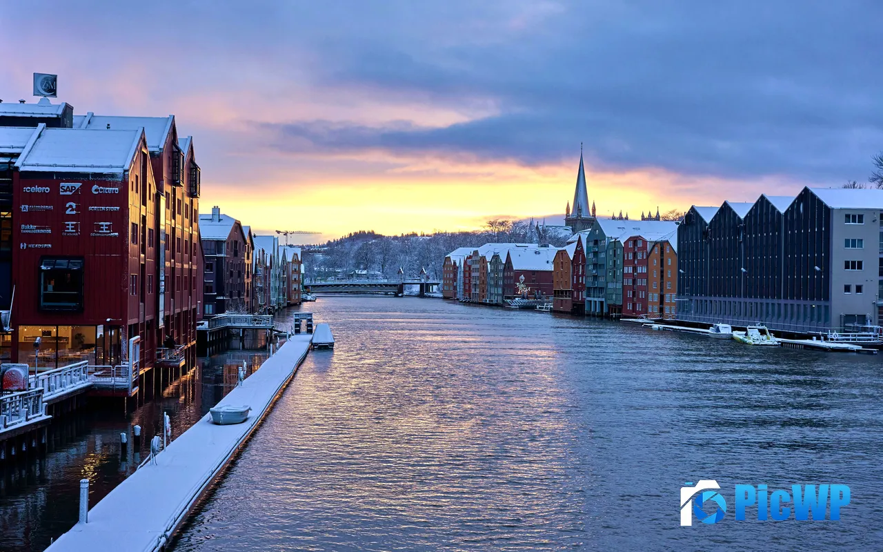 Sunset Winter River Town Trondheim Norway 5K PC Wallpaper