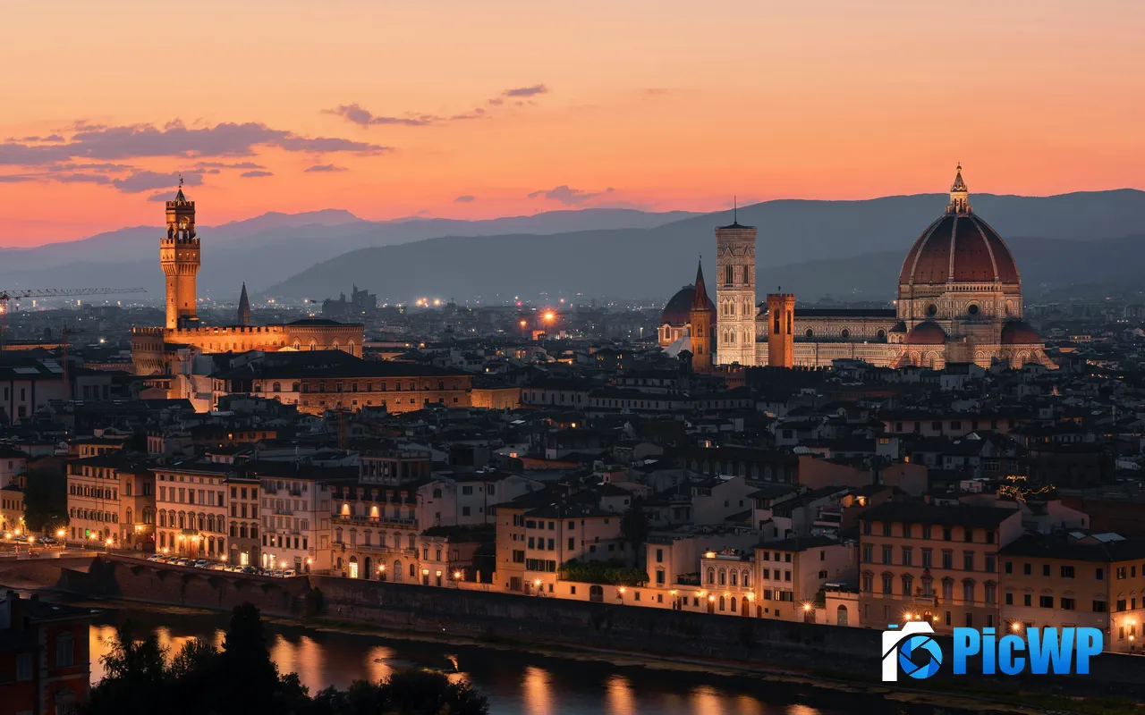 Florence Cityscape Sunset Illuminated Buildings River Italy 5K PC Wallpaper