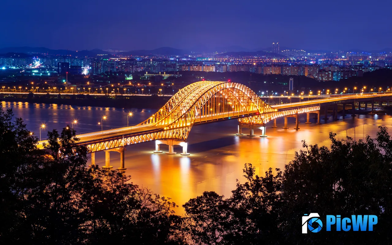 Banghwa Bridge Night City River South Korea 5K PC Wallpaper