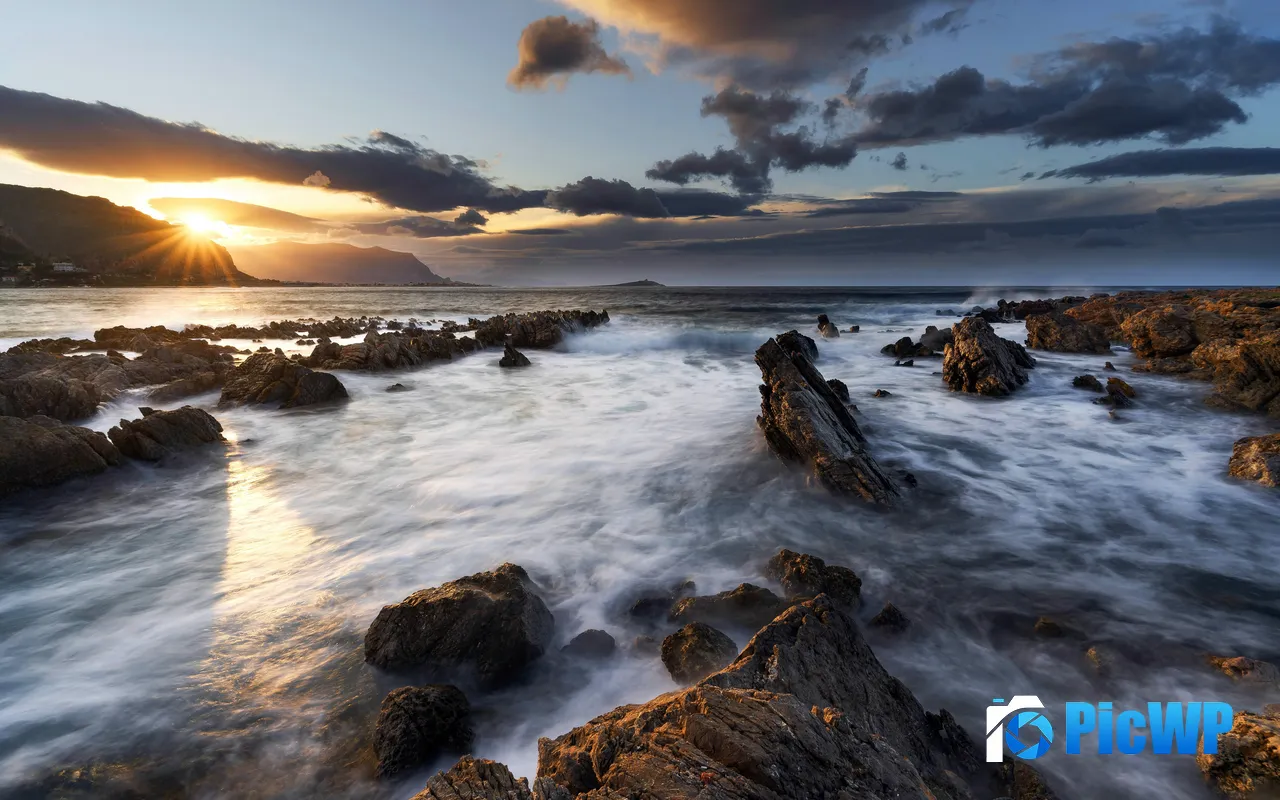 Rocky Coastline Waves Crashing Sunset Nature Landscape 5K PC Wallpaper