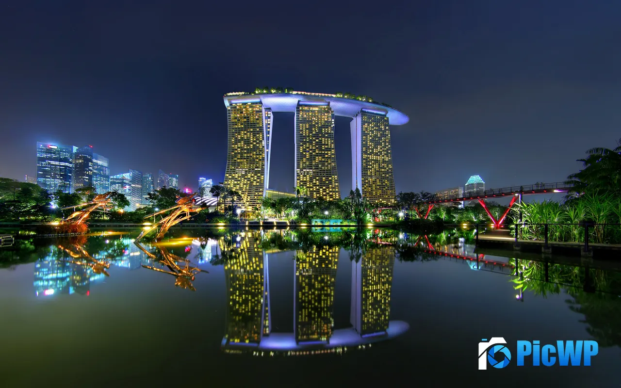 Marina Bay Sands Reflection <font color=red>Dr</font>agonfly Lake Singapore Night 5K PC Wallpaper