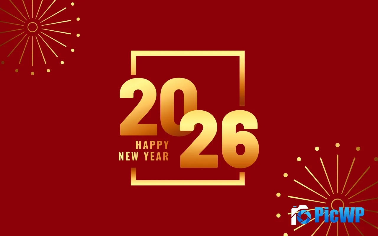 Happy New Year 2026 Gold Font Fireworks Red Background 5K PC Wallpaper