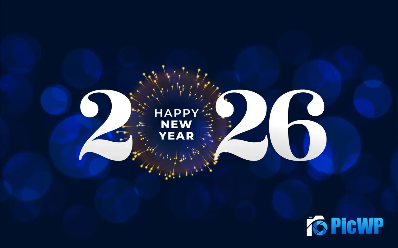 Happy New Year 2026 Fireworks Blue Background 5K PC Wallpaper
