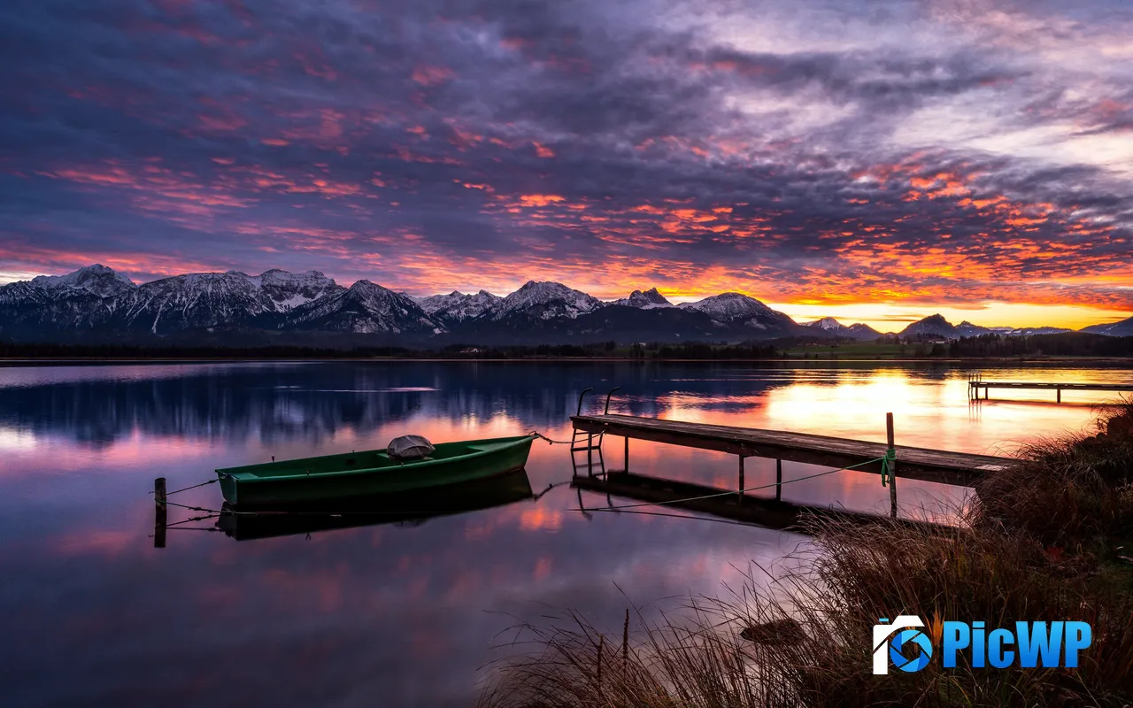 Sea Sunset Mountains Bavaria Lake Boats Dock 5K PC Wallpaper