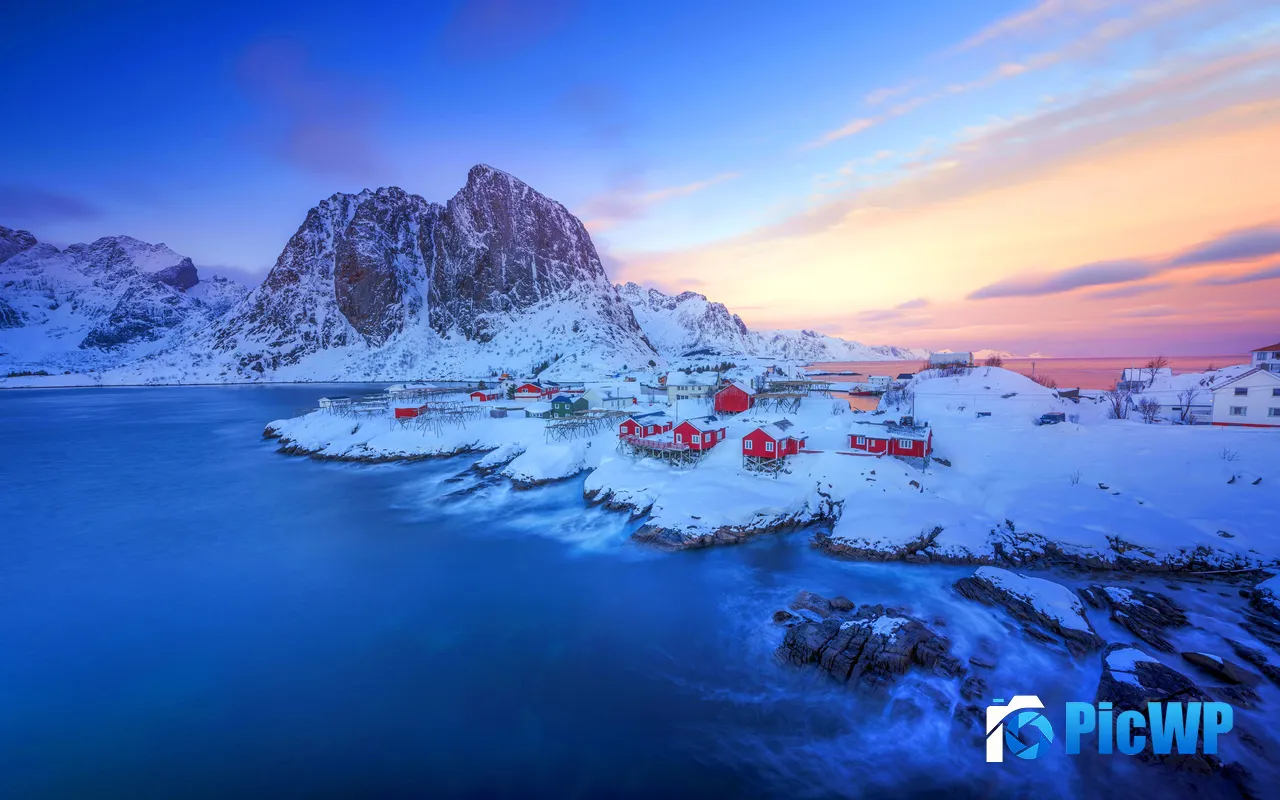 Norway Scenic Winter Fish Village Snow Mount Sunset 5K PC Wallpaper