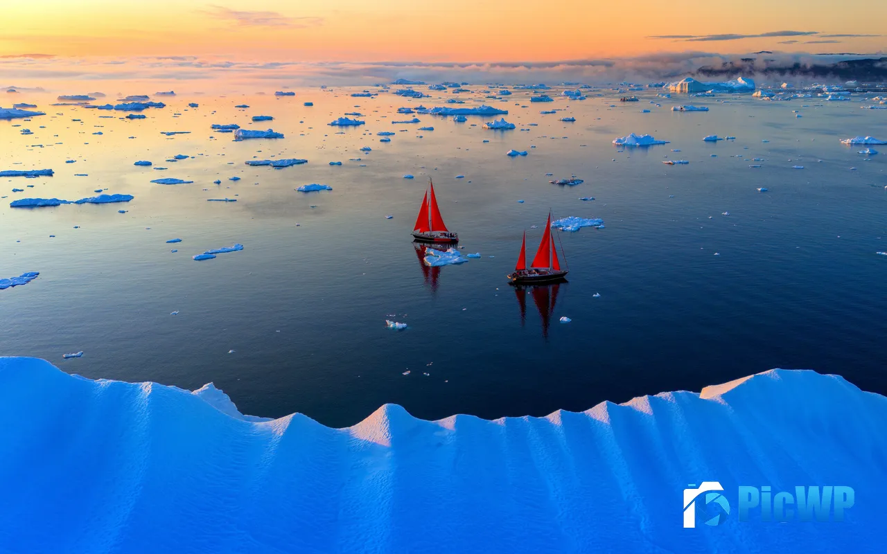 Red Boat Midnight Sailing Sunshine Glacier Greenland 6K 1 Wallpaper
