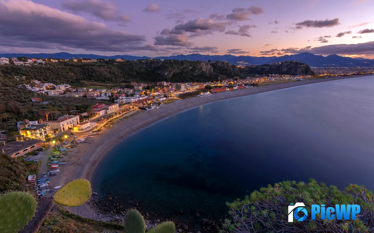 Coastal Town illuminated Dusk Calm Coast Beach 5K PC Wallpaper
