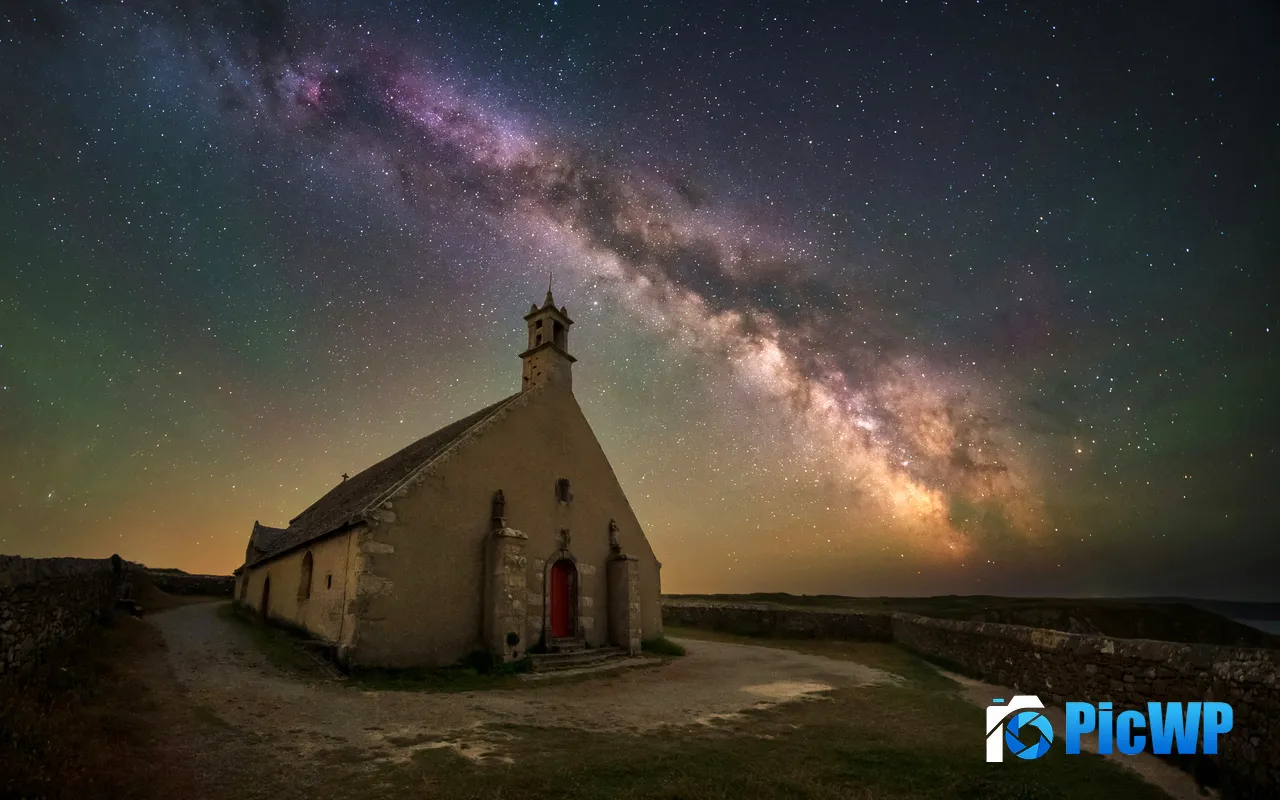 Starry sky Milky Way Night Clayton France Catholic Church 5K PC Wallpaper