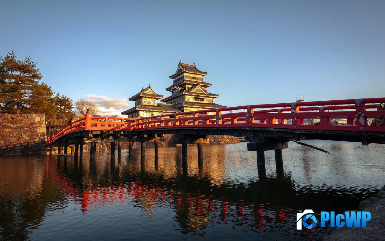 Japan Sunset Castle Dusk Nagano Building River Bridge 5K PC Wallpaper