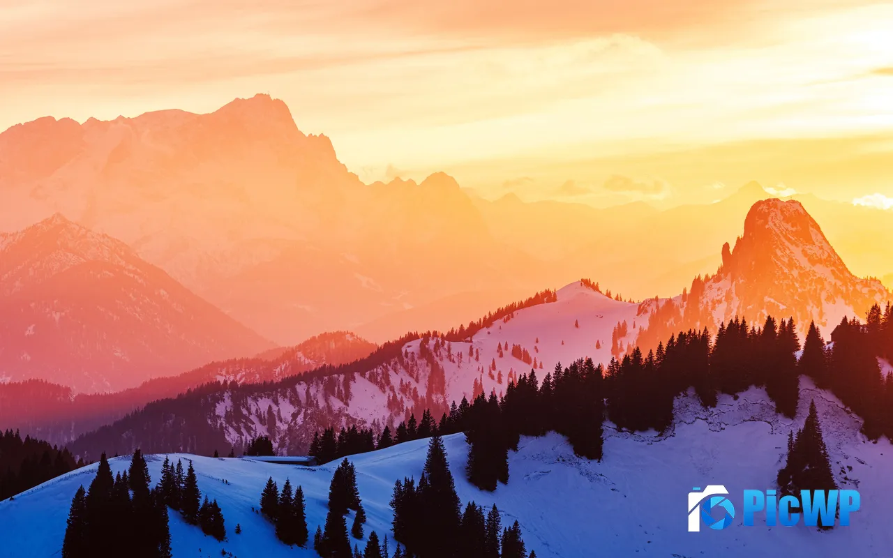 Golden Sunshine Sunrise Forest Snow Mountains Winter 5K PC Wallpaper