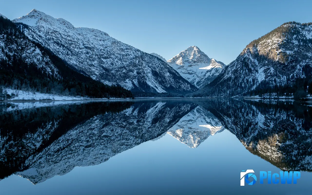 Morning Snow Mountains Reflected Calm Lake Winter 5K PC Wallpaper