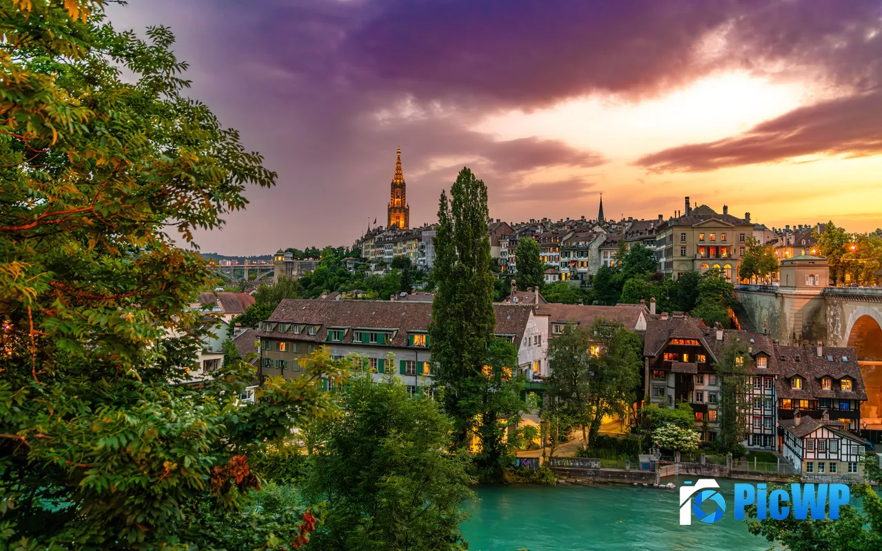 Town Aare River Sunset Panorama Fall Bern Switzerl<font color=red>and</font> 5K PC Wallpaper