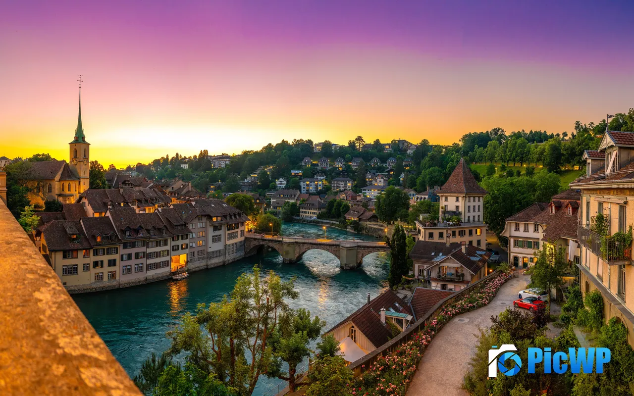 European City Town River Summer Sunset Scene 5K PC Wallpaper