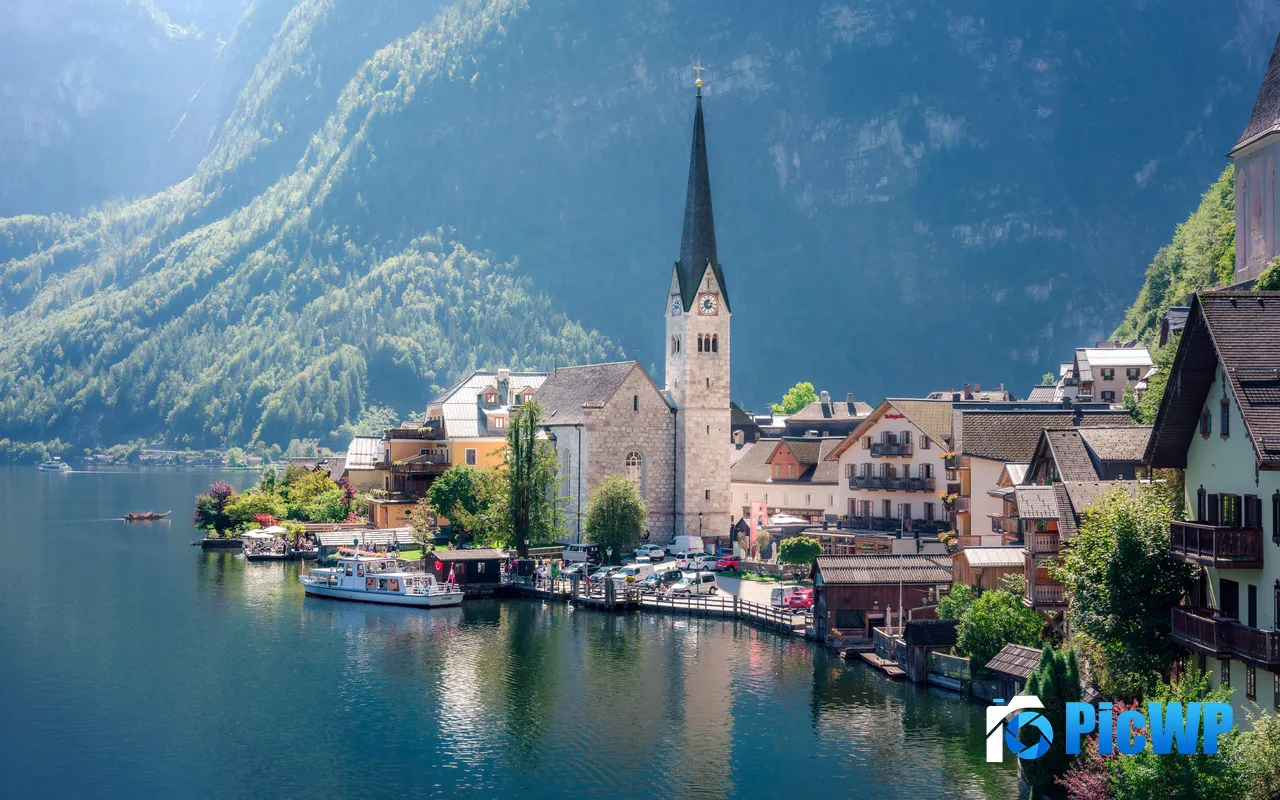 Travel Town Lake Church Building Hallstatt Austria 5K PC Wallpaper