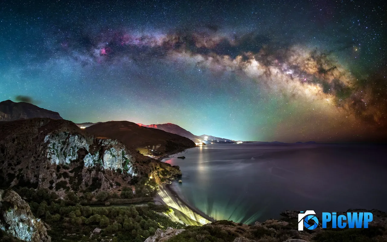 Coast Night Stars Milky way Crete Griechenl<font color=red>and</font> 5K PC Wallpaper