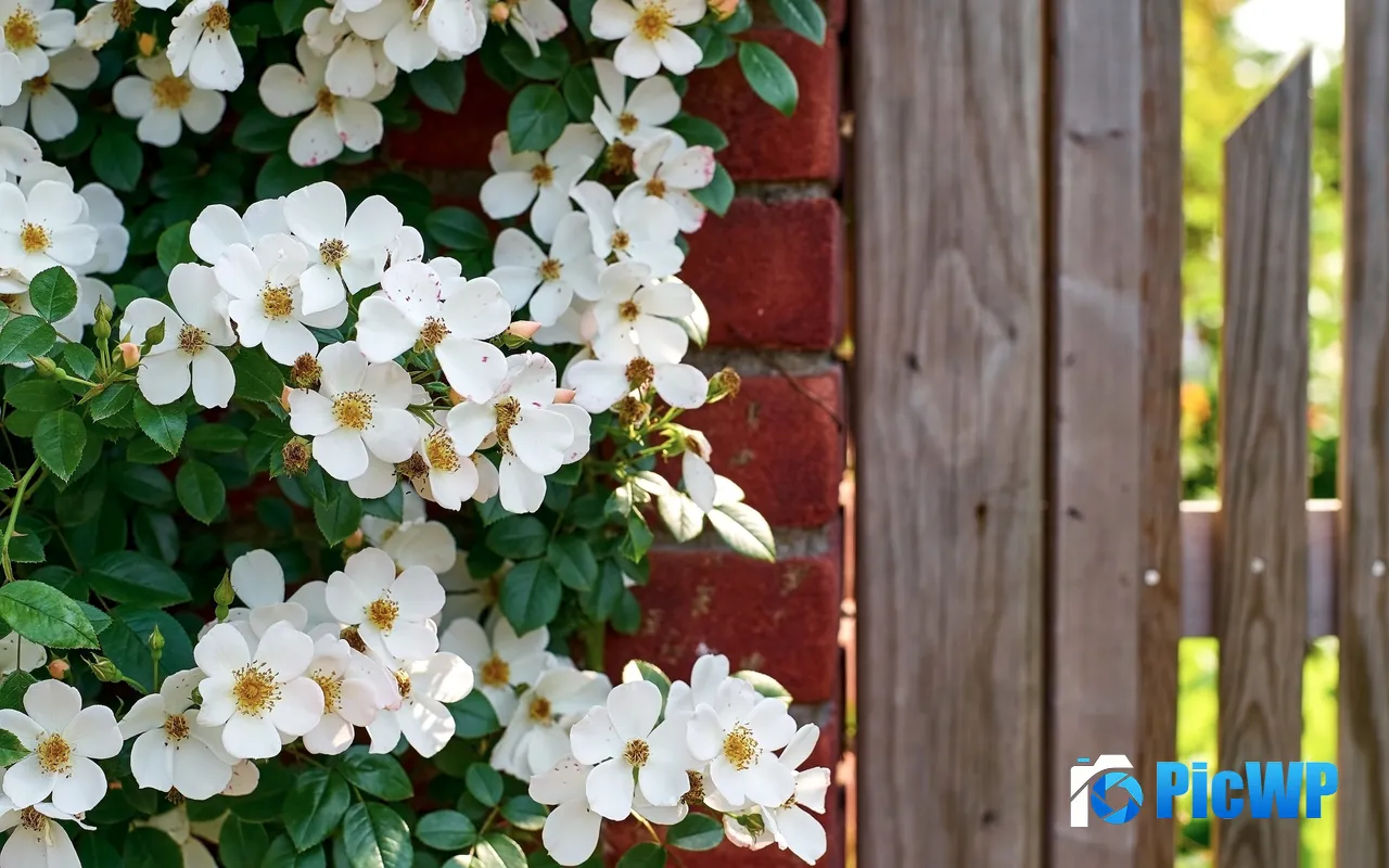 Garden Entrance White Wild Flower Red Brick Wall 5K PC Wallpaper