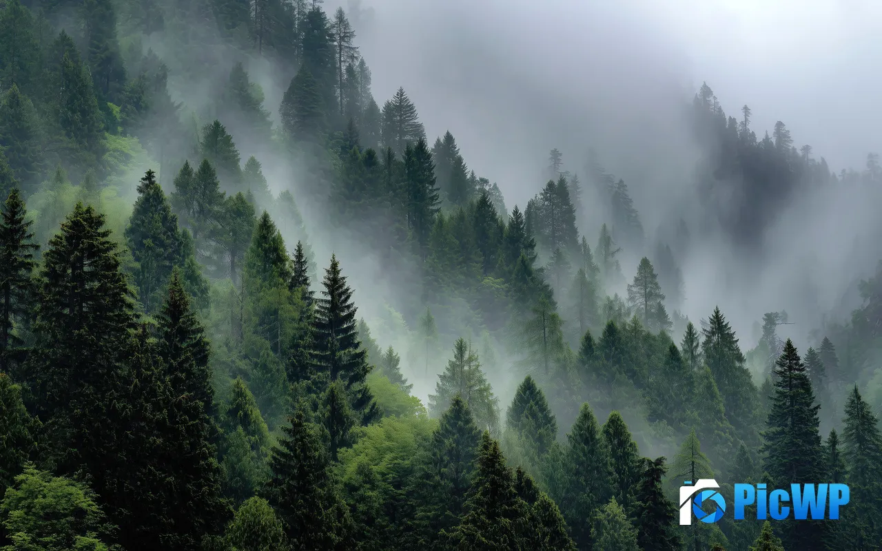 Morning Misty Forest Mountains Lush Pine Forest 5K PC Wallpaper