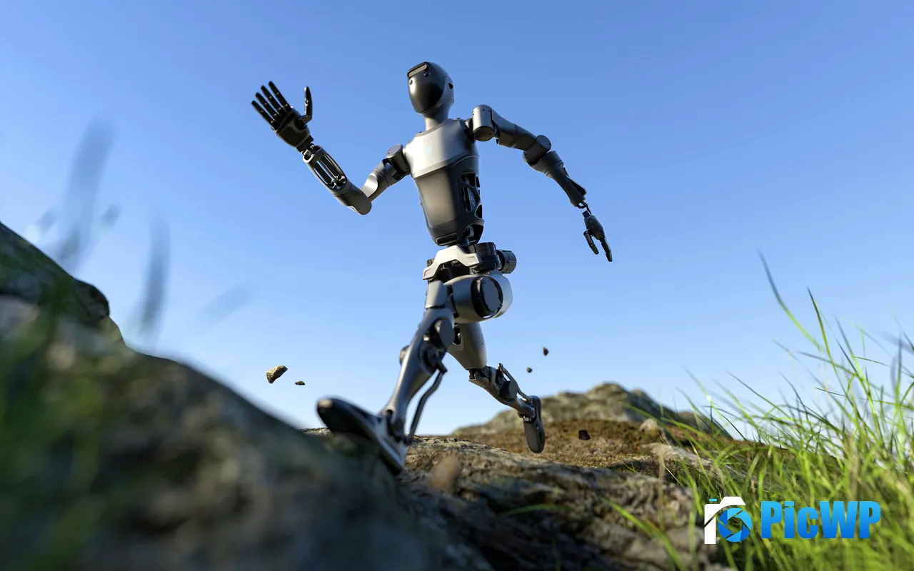 Pudu D9 AI Humanoid Robot Blue Sky Grass 5K PC Wallpaper