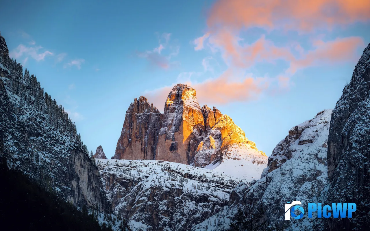 Snow Mountains Sunset Three Peaks of Lavaredo Italy 5K PC Wallpaper