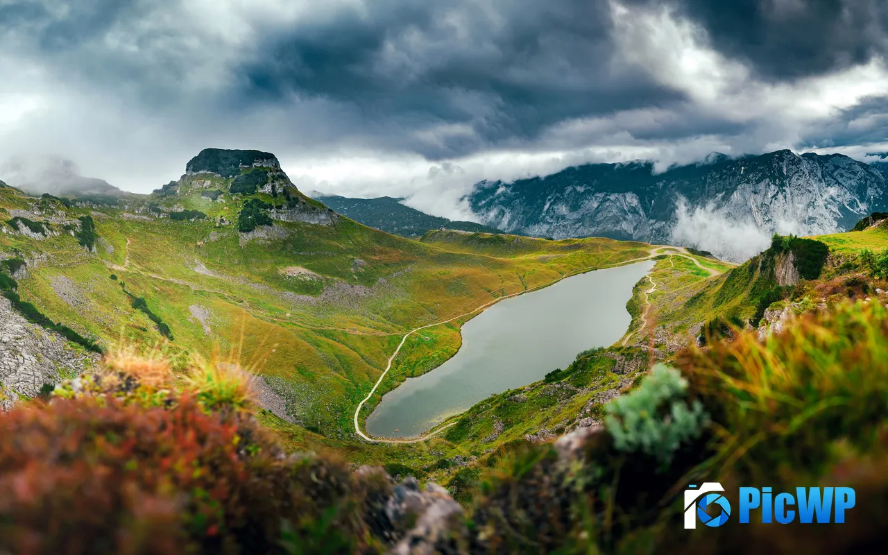 Mountain Landscape Lake Grass Stormy Sky Austria 5K PC Wallpaper