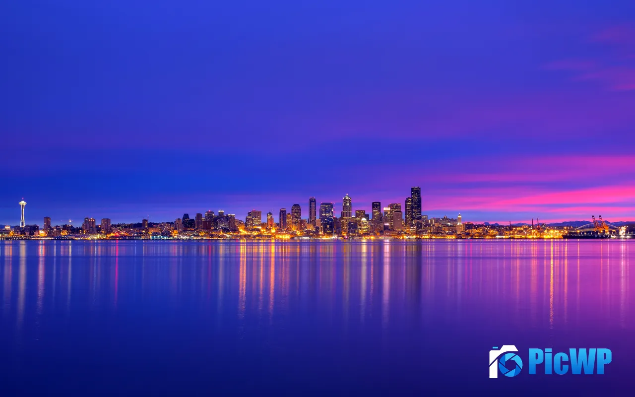City Skyline Purple Sky River Skyscrapers Night 5K PC Wallpaper