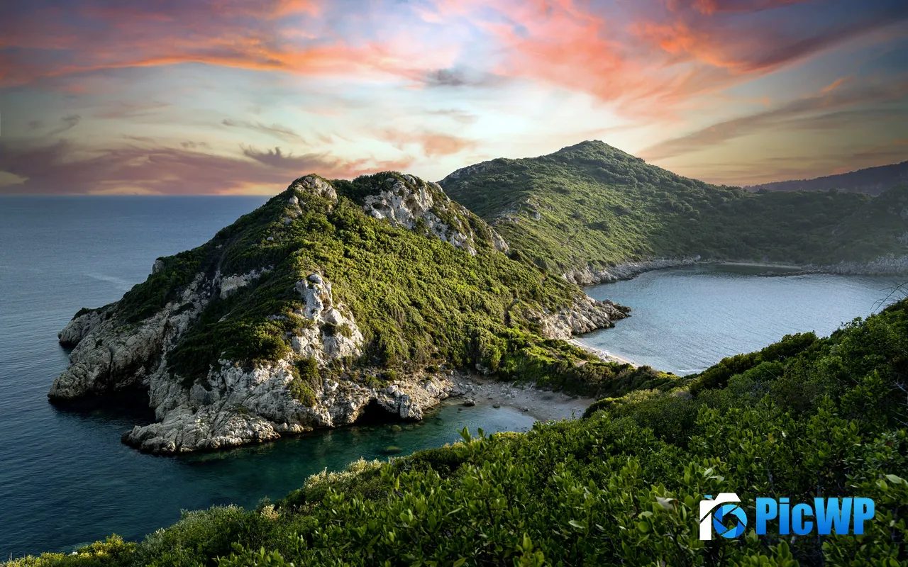 Porto Timoni Sunset Corfu island Bay Greece 5K PC Wallpaper