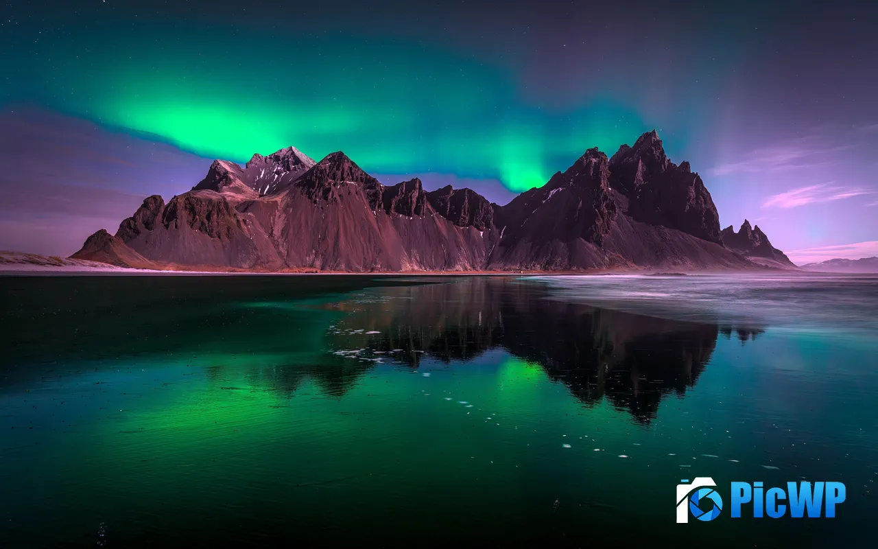 Northern lights Black Beach Reflection Mountains Iceland 5K PC Wallpaper