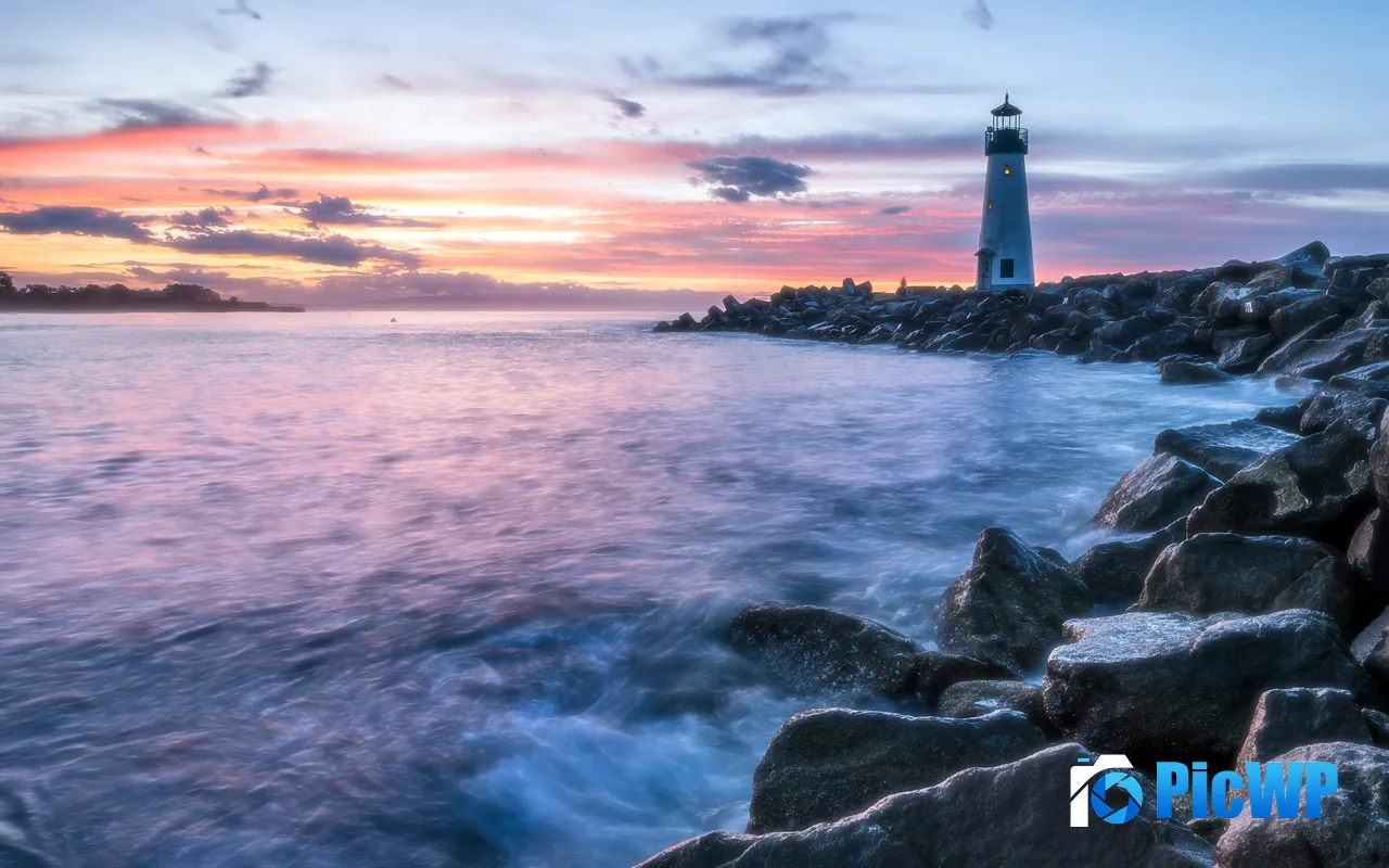 Waves Lonely Lighthouse Coast Sunset Summer Rock 5K PC Wallpaper