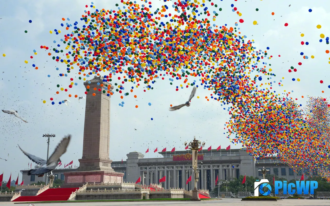 China Victory Day parade doves of peace and colorful balloons flew over the monument 5K PC Wallpaper