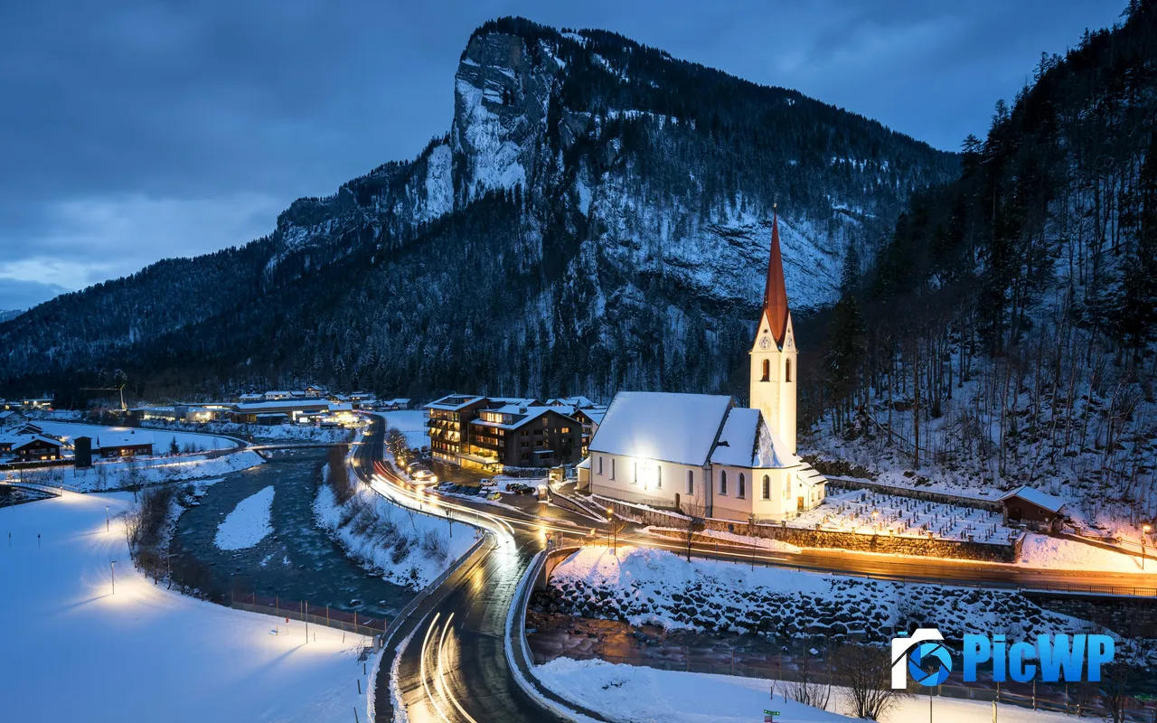 Winter Valley Night Church Vorarlberg Austria 5K PC Wallpaper