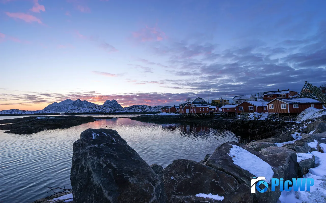 Svolvaer Norway Beautiful Morning Village Snow Pier 5K PC Wallpaper
