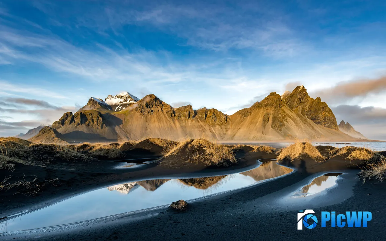 Iceland Black Sand Beach Mountains Sunset Sunshine Coast 5K PC Wallpaper