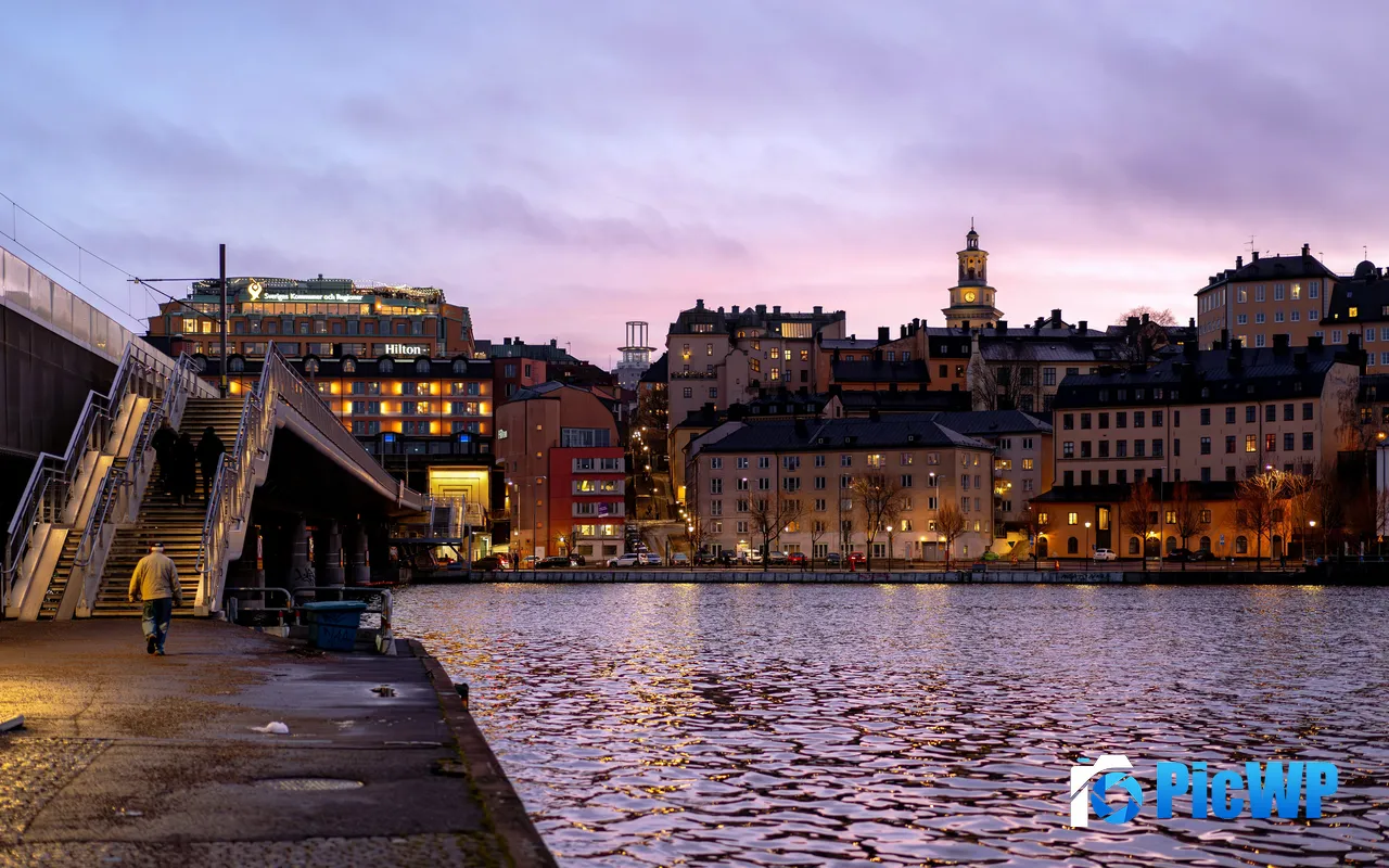 River Pier Sunset Gamla stan Stockholm Sweden 5K PC Wallpaper