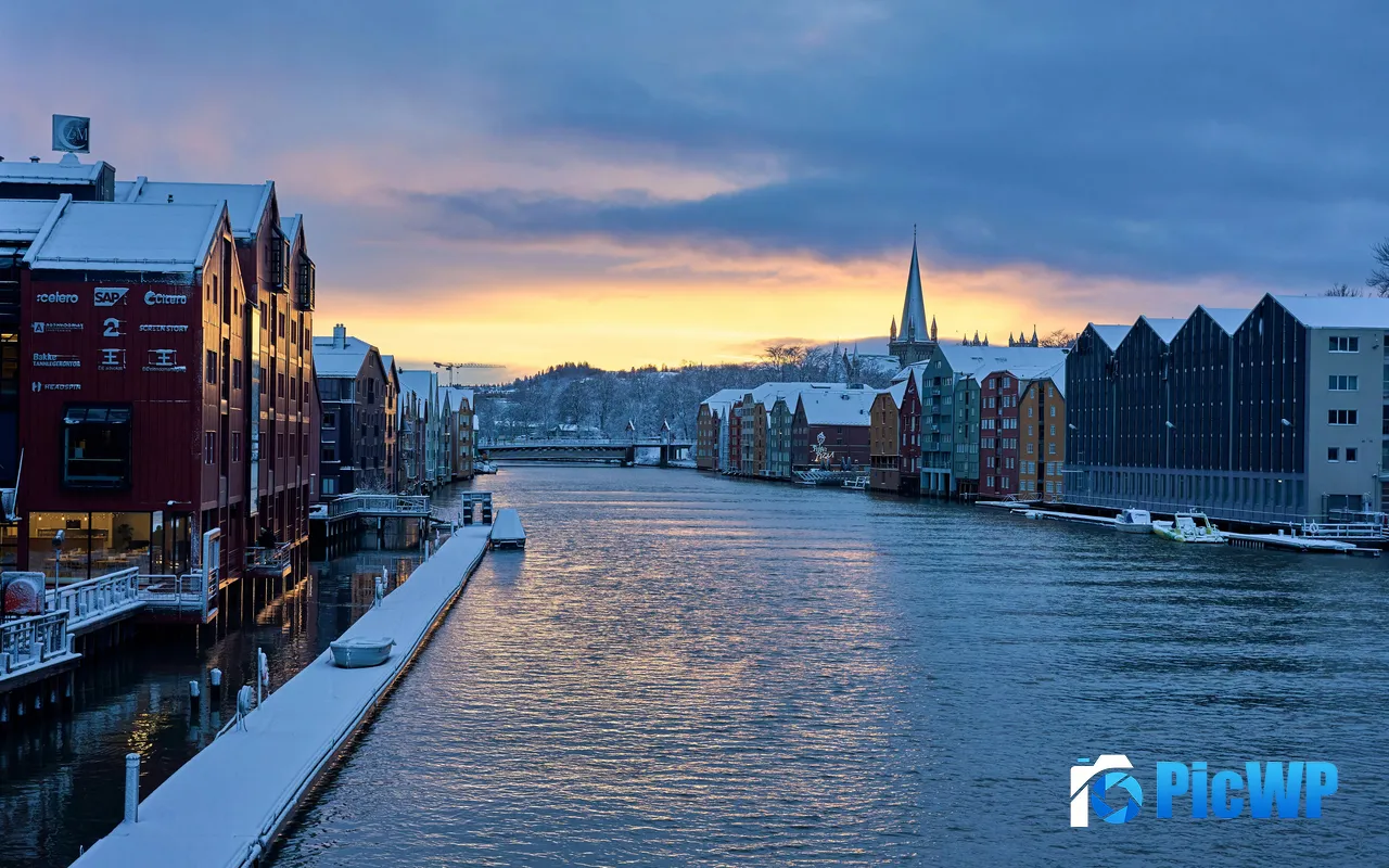 Sunset Snow Winter River Trondheim Norway 5K PC Wallpaper