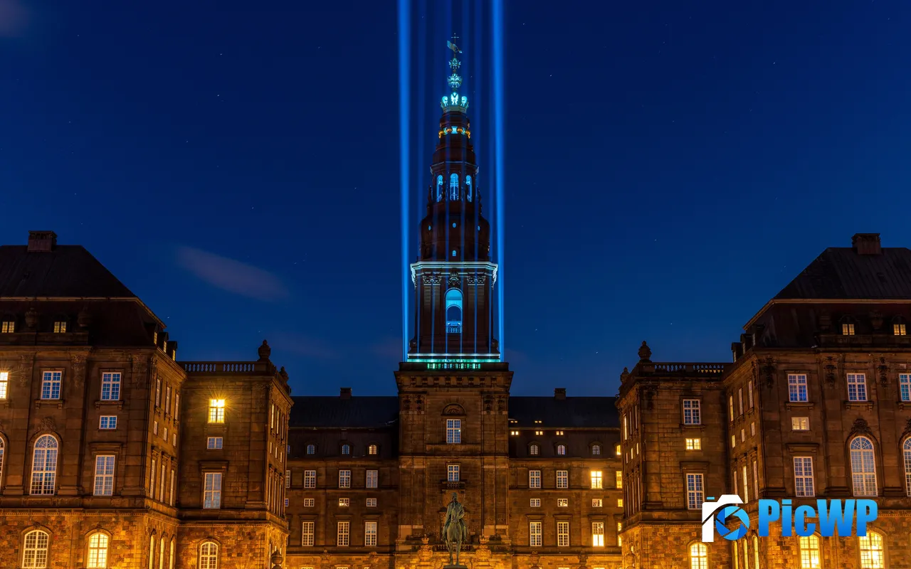Blue Laser Night Danish Parliament Christiansborg Palace 5K PC Wallpaper