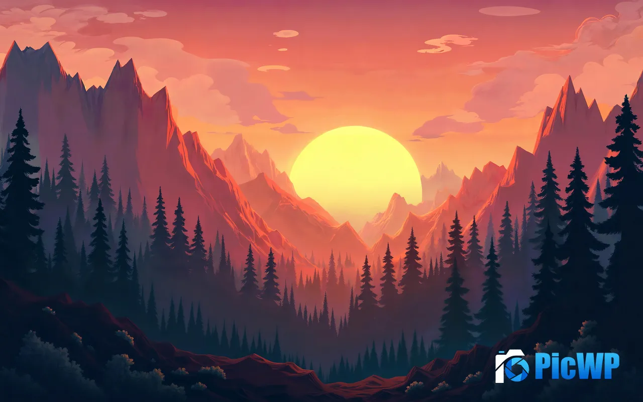 Sunset Mountains Forest illustration Design Art 5K PC Wallpaper