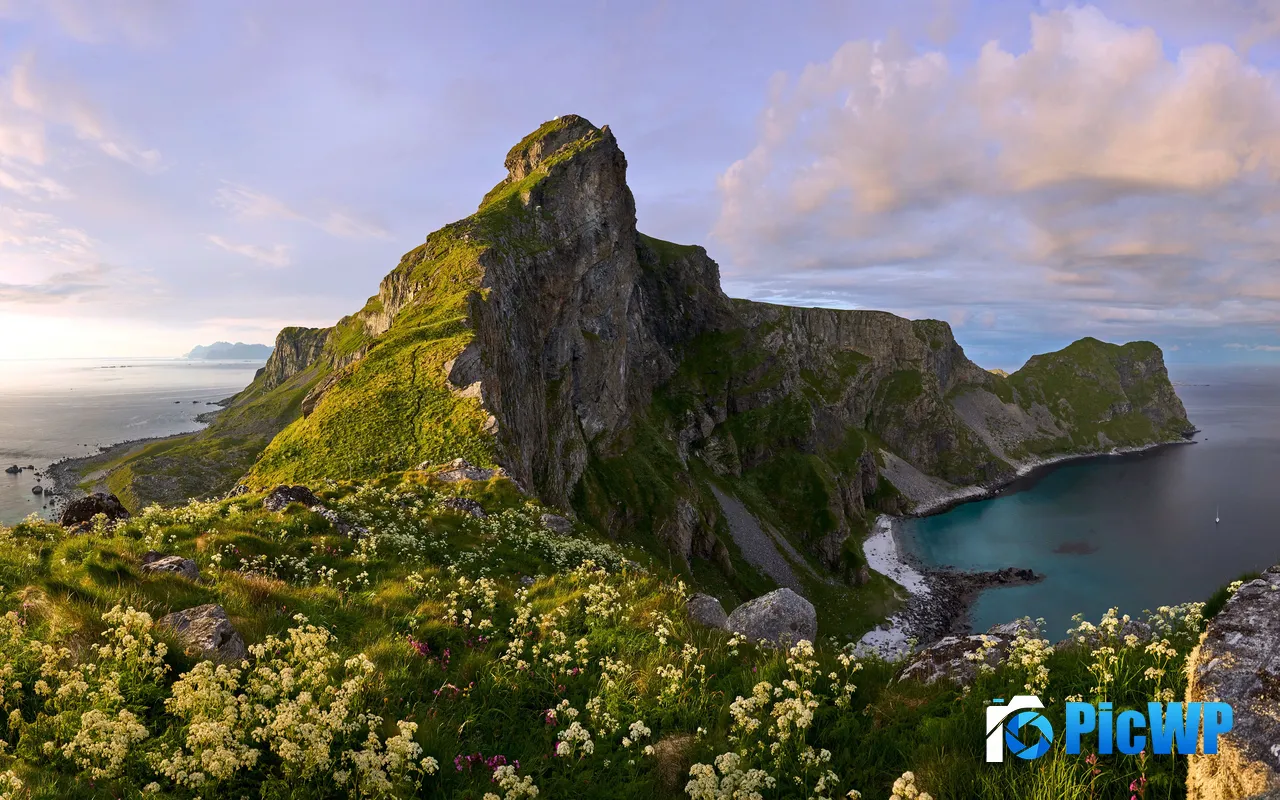 Island Mountains Peak Vaeroy Ocean Coast Norway 5K PC Wallpaper