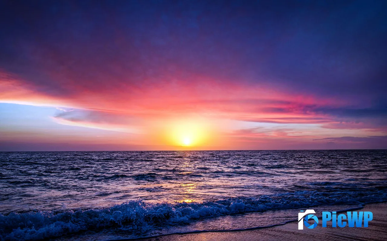 Summer Ocean Beach Sunset Crimson Horizon 5K PC Wallpaper