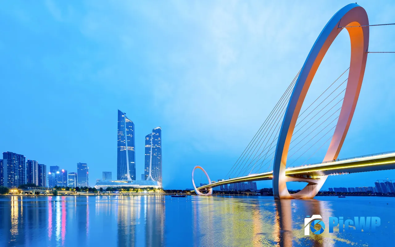 Bay Modern City Cross Sea Bridge Skyscrapers Buildings 5K PC Wallpaper