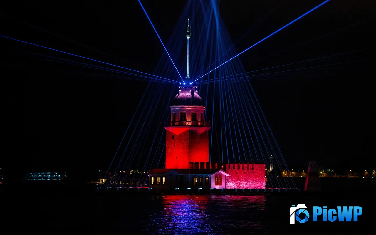 Port Red Lighthouse Sea Laser Night City Istanbul 5K PC Wallpaper