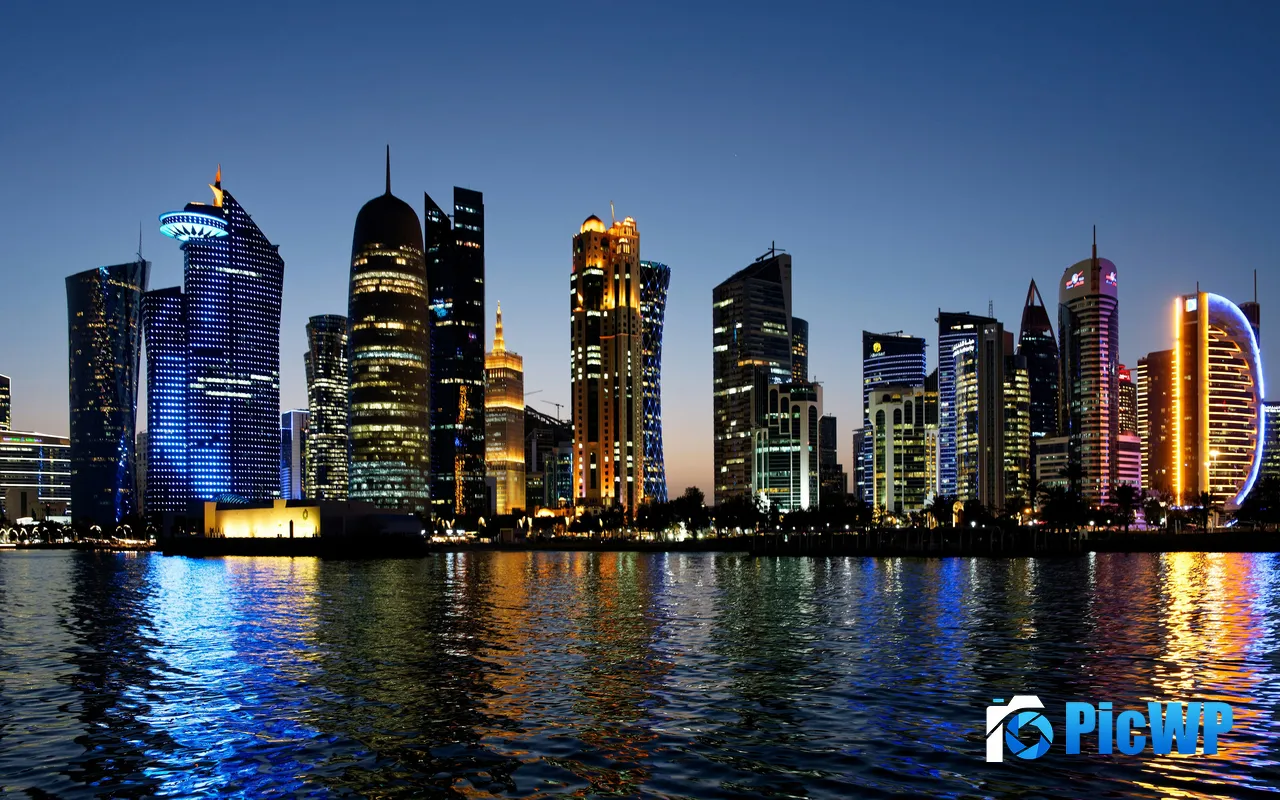 Coast City Skyscrapers Night view Doha Qatar 5K PC Wallpaper