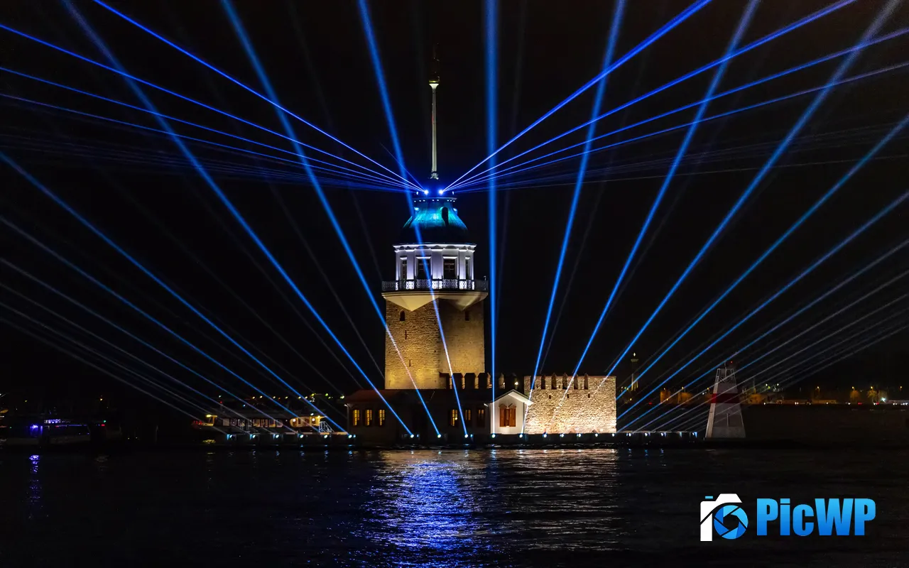 Port Lighthouse Istanbul Sea Laser Night City 5K PC Wallpaper