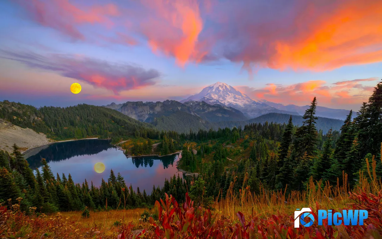 Forest <font color=red>Mount</font>ain Sunset Moon Lake Wilderness 5K PC Wallpaper