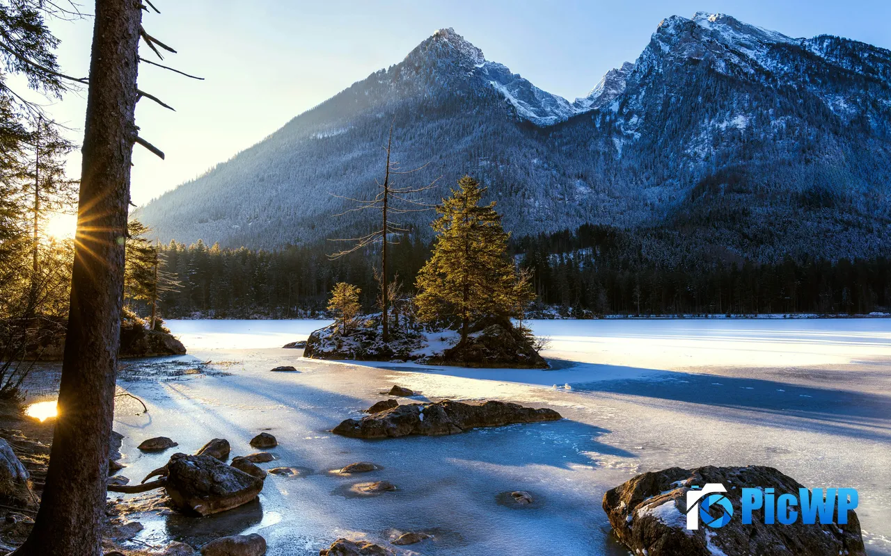 Sunshine Snowy Mountains Frozen Lake Morning Germany 5K PC Wallpaper