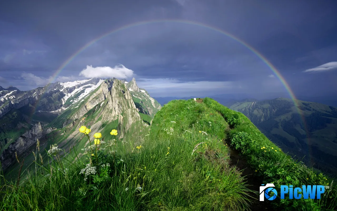 Cloud Rainbow Mountains Meadow Peak Switzerland 5K PC Wallpaper