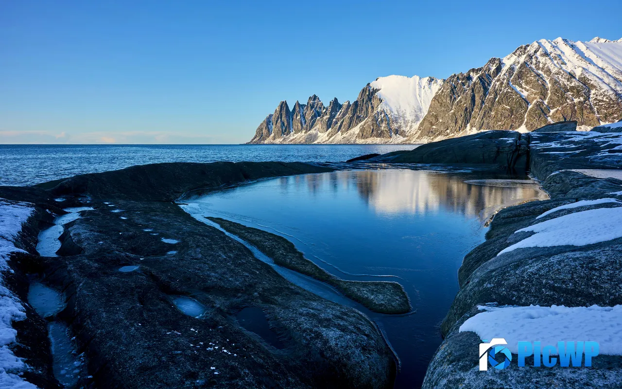 Coast Snow Mountains Tungeneset Skaland Norway 5K PC Wallpaper