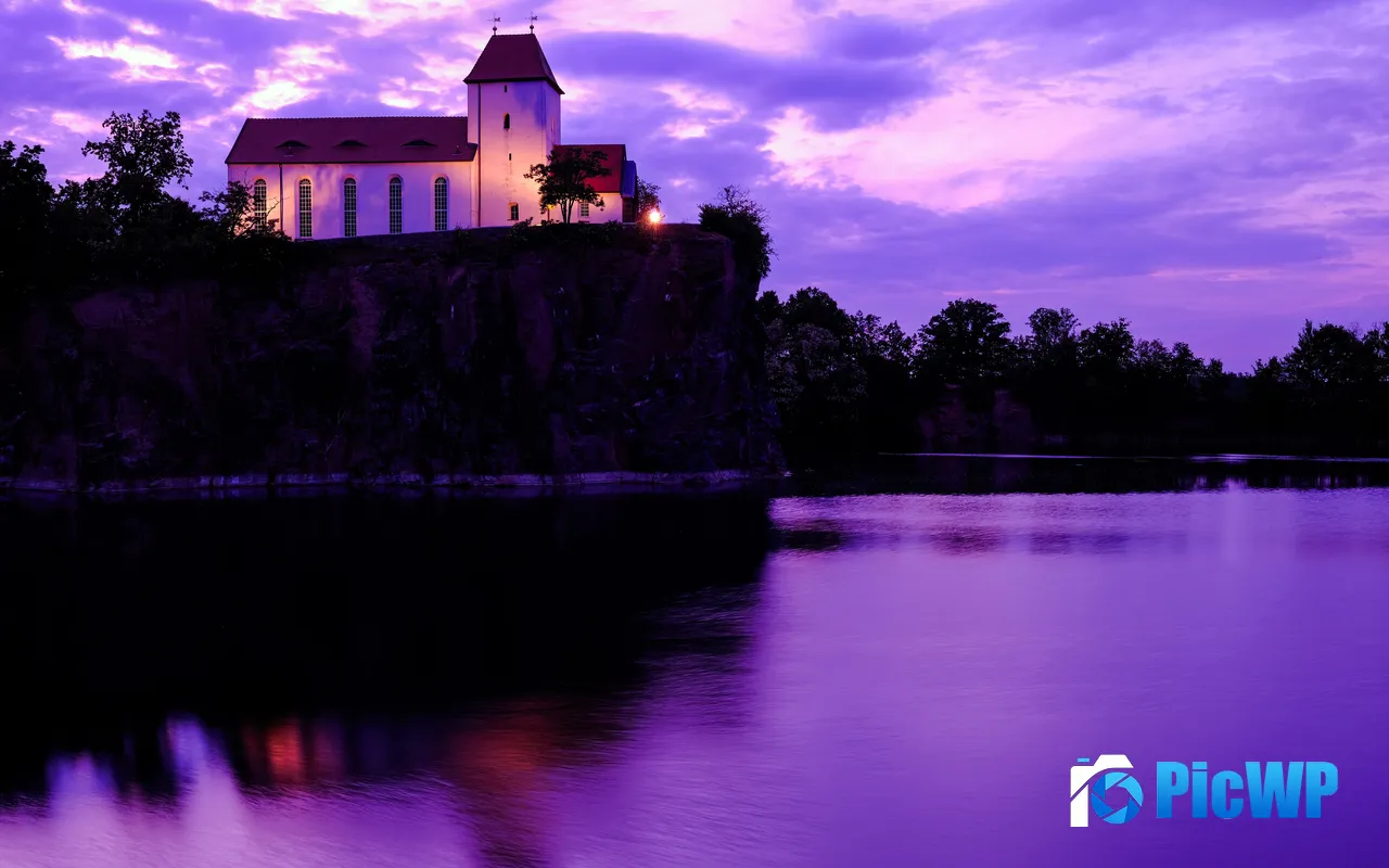 Church Cliff Sunset Purple Sky Lake Dusk 5K PC Wallpaper